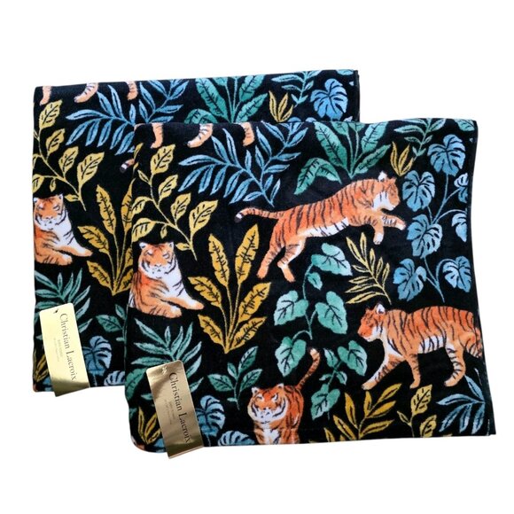 Christian Lacroix Set of 2 Tiger Jungle Leaves Bath Towels Black NWT - Picture 1 of 2